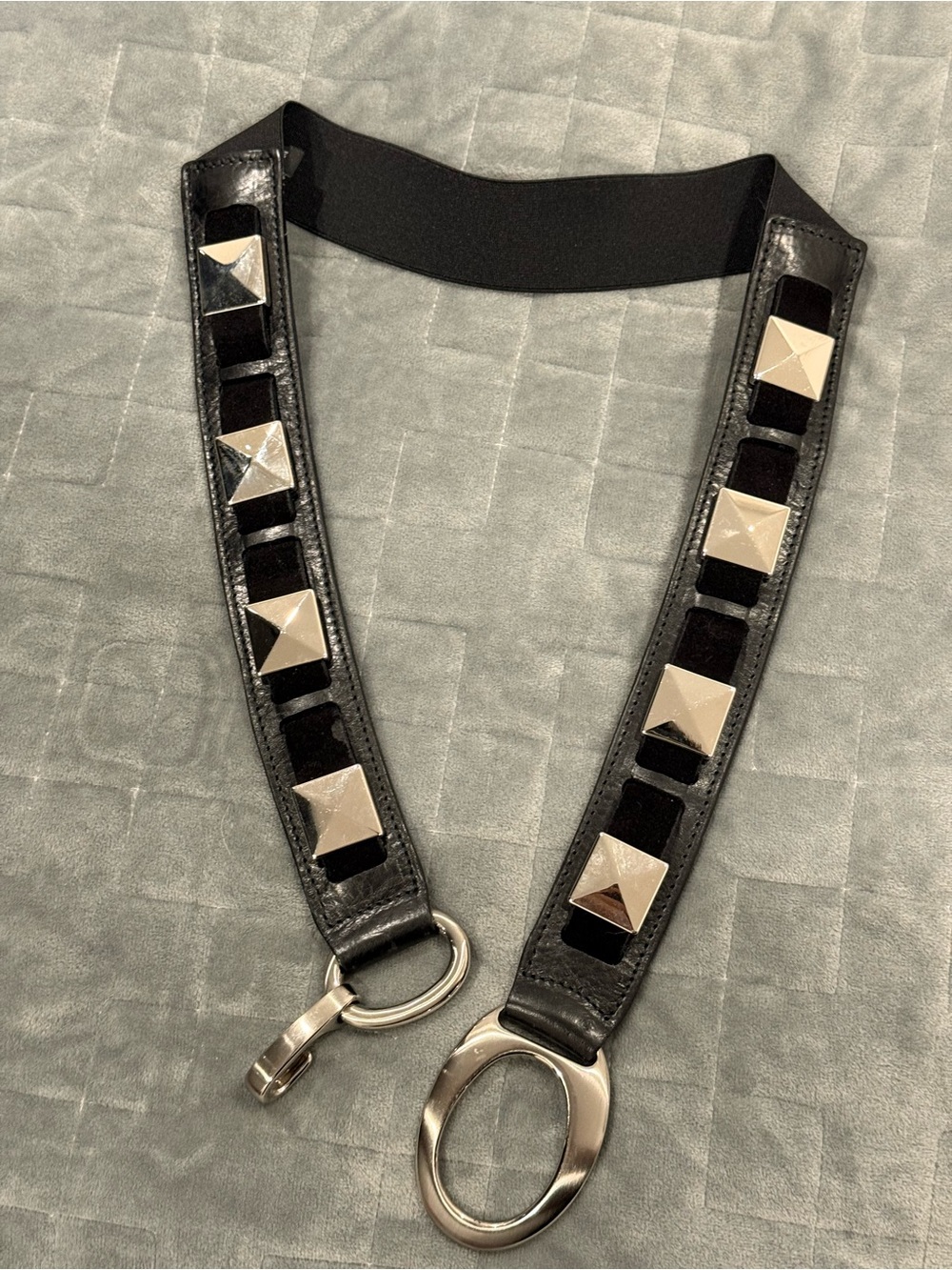 rave Black Studded Elastic-Back Belt with Silver Pyramid Accents